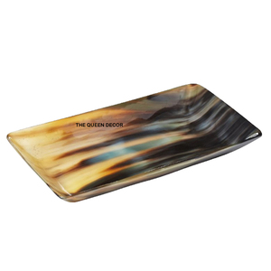 Plateau de service et de rangement rectangulaire en céramique artisanale, durable, personnalisable, finition naturelle noir et marron plaqué corne - Product Image 6