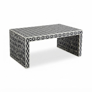 Tabouret en os incrusté de style unique en forme de sablier, table d'appoint géométrique de luxe, table d'appoint à motif rayé noir et blanc pour la maison - Product Image 4