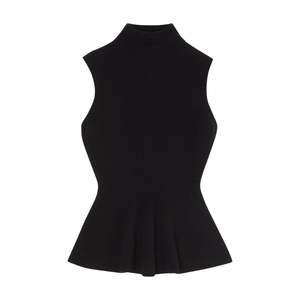 Pull sans manches noir jais en maille côtelée, col montant, ourlet peplum, coupe ajustée, pour femme - Product Image 3