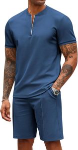 Conjunto de pantalones cortos y camiseta de manga corta de punto de secado rápido de color sólido informal de verano para hombre, color azul - Product Image 5