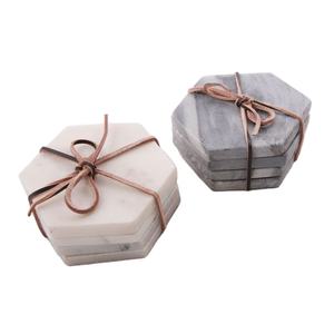 Ensemble de 4 sous-verres en marbre uniques en forme d'hexagone avec cuir pour la protection de la table - Product Image 1