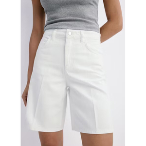 Shorts Bermuda Blancs pour Femmes, Taille Haute, Fermeture à Boutons, Coupe Classique, Coton Oxford Uni - Product Image 1