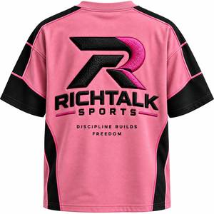 เสื้อยืดแขนสั้นผู้ชายทรงโอเวอร์ไซส์ สีชมพู-ดำ ตัดกัน แต่งลายปัก 3 มิติ ด้านหน้า สไตล์วินเทจ คอกลม ผ้าถัก ทรงพอดีตัว ผ้าฝ้าย 100% - Product Image 2