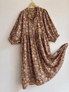Robe midi vintage de haute qualité à col en V et manches bouffantes, imprimé à pois marron, coupe classique, été, tissu non tissé respirant, 100% coton - Product Image 3