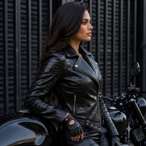 Leather Spot Women's Embossed Vintage Solid Full Sleeve <b>Quilted</b> Anti-Wrinkle Eco-Friendly Breathable <b>Winter</b> Motorcycle Jacket - Product Image 3