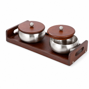 Ensemble de 2 plateaux à fruits secs en acier inoxydable avec plateau en bois et couvercle, vaisselle pour hôtel et restaurant - Product Image 1