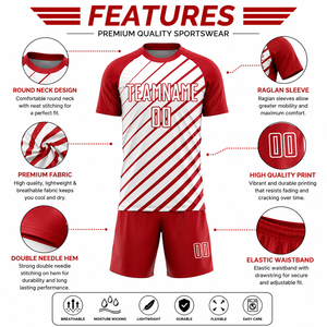 Ensemble short et maillot de football rayé rouge et blanc personnalisé, imprimé par transfert thermique, en polyester durable anti-humidité, col ras du cou, sans manches - Product Image 5