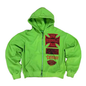Sweat-shirt zippé à capuche vert pour homme, coupe classique, style streetwear, avec logo personnalisé et impression frontale, vente en gros - Product Image 1