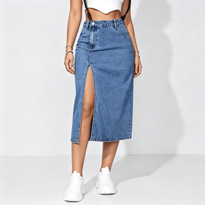 Trendy Button Decor Blue Jean Skirt Ladies <b>Elastic</b> Waist Loose Swing Denim Skirt Casual Mid Skirt - Product Image 1