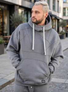 ONETEN APPARELS Sweat-shirt à capuche gris en molleton pour homme, grande taille, coupe ample, tricot uni - Product Image 1