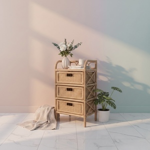 Table de chevet tressée en bois naturel 100% premium, style côtier, avec tiroirs, meuble de rangement, table d'appoint, mobilier de salon bohème - Product Image 3