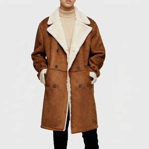 Breathable Men Sheepskin Suede Leather Fur-Collar Brown-Color's European-American Long Sleeves Cotton Breasted-<b>Trench</b> Coat - Product Image 1