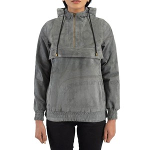 Veste Anorak Femme Grise en Cuir Daim Véritable, Coupe Slim, Capuche, Demi-Zip, en Daim de Chèvre Premium, Style Streetwear, Coupe-Vent - Product Image 1