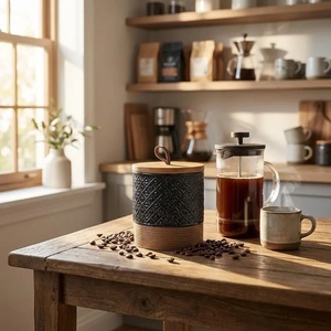 Rustic Ceramic Storage Canister Wooden <b>Lid</b> Embossed Texture Airtight Kitchen Jar Premium Countertop Organizer Farmhouse <b>Decor</b> - Product Image 2