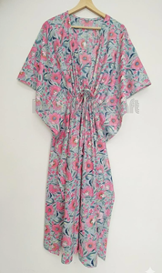 Vestido Kaftán de Algodón Floral Ecológico con Estampado Flocado, Kimono Largo Maxi, Bata de Noche, Ropa Casual para Resort, Maternidad India Natural - Product Image 4
