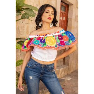 เสื้อครอปปักลายดอกไม้สไตล์โบฮีเมียนเม็กซิกันสำหรับผู้หญิง ผ้าฝ้าย เสื้อเอธนิคสำหรับฤดูร้อน - Product Image 4