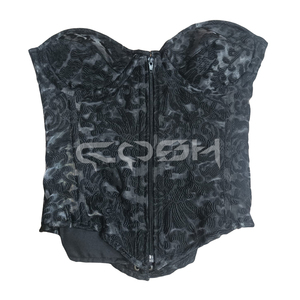 Corset bustier en organza noir brodé de qualité supérieure avec fermeture éclair avant – Fabricant de corsets de mariée et de soirée à baleines en acier - Product Image 1