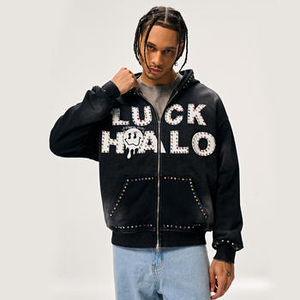 Sweat à capuche streetwear pour homme, surdimensionné, épais, avec strass et broderie effet vieilli - Product Image 5