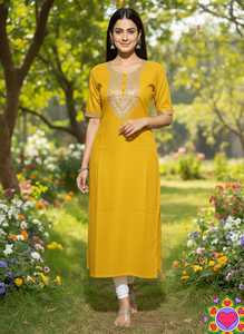 Indian Slub Cotton Kurti With Embroidery Sequence Work Regular Fit Ankle Length Traditional Indian Casual Wear Long <b>Kurtis</b> - Product Image 3