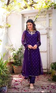 Indien pakistanais dames tenue fantaisie Georgette broderie séquence haut bas Dupatta violet velours soie cousu pour adultes - Product Image 4