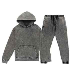 High Demanding Acid washed Custom Heavyweight Cotton Hoodie and Sweatpants Set 2 Pieces Vintage Sweatsuits Tracksuits for Men - Product Image 4