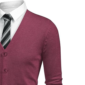 Suéter de Punto de Algodón para Hombre, Estilo Casual, Color Borgoña, Cuello en V, Manga Larga, Cierre de Botones, Corte Regular, para Otoño - Product Image 6