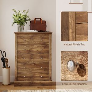ตู้ลิ้นชักสไตล์ฟาร์มเฮาส์สีน้ำตาลขนาดกว้าง 31 นิ้ว พร้อมลิ้นชัก 5 ช่อง หน้าบานไม้ สำหรับห้องนอนและห้องนั่งเล่น - Product Image 6