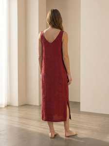 Vestido midi de lino sin mangas con cuello en V, corte holgado, color liso, dobladillo con abertura, vestido casual de verano, tela tejida transpirable - Product Image 3