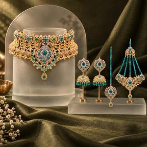 Ensemble de bijoux de mariée vert (collier ras-du-cou, jhumka, tikka, pasa) pour la vente en gros et la fabrication en vrac - Product Image 3