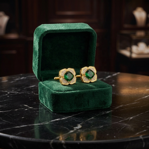Gemelos de oro para hombre con circonita verde y diseño floral, engaste de garra, accesorios formales para camisa - Product Image 3