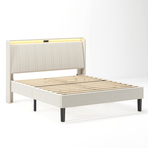 Letto matrimoniale moderno con piattaforma, testiera imbottita in tessuto e doghe in legno, supporto morbido per letto king size - Product Image 3