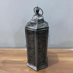 Artisan Design <b>Silver</b> Iron <b>Lantern</b> Star Pattern Decorative Hanging Candle Ramadan Eid Home Decoration 4.75X5.25X12" - Product Image 2