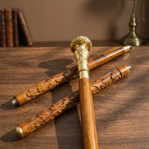 Canne de marche en bois avec poignée horloge, détails en laiton sculpté floral, canne de gentleman classique, style antique, canne décorative - Product Image 5