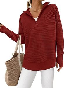 Womens Long Sleeve Quarter Zip <b>Pullover</b> Sweater Casual Loose V Neck Collared Ribbed Knit <b>Jumper</b> Tops Thumb Hole - Product Image 2