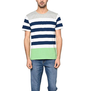 Camiseta de Manga Corta para Hombre, Cuello Redondo, Diseño a Rayas y Bloques de Color, Corte Regular, Tejido de Algodón, Verde, Azul Marino, Blanco - Product Image 3