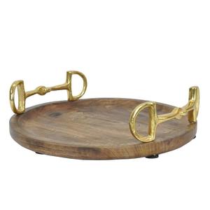Round Tea Coffee Snacks <b>Serving</b> <b>Tray</b> <b>Gold</b> Horse Bit Handles Wooden <b>Trays</b> For Home Decor Kitchen Use Factory Price - Product Image 2