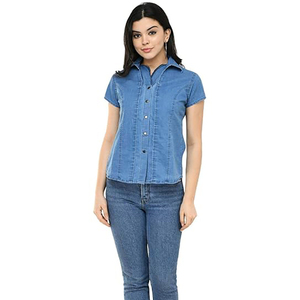 Women's Denim <b>Shirt</b> <b>Half</b> Sleeve Knitted <b>Button</b> Custom Design Regular Fit Casual Wear - Product Image 5