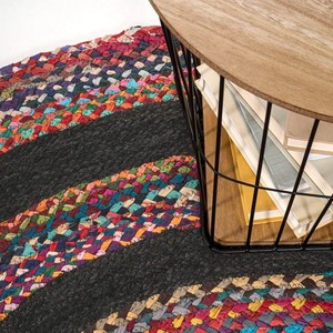 Tapis rond bohème en jute tressé, motif abstrait multicolore, fait main, à poils plats, pour la décoration du salon - Product Image 5