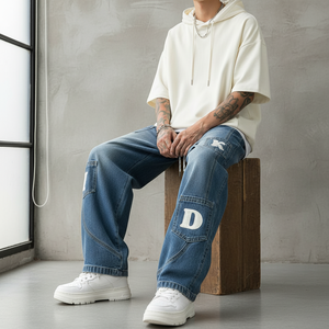 Pantalones vaqueros holgados personalizados para hombre con estampado de letras, estilo urbano, pierna recta, casuales, de verano, lavado medio - Product Image 5