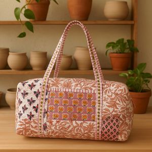 Jaipur Hand Block Printed Floral Cotton Duffle <b>Bag</b> Large Capacity Weekender Sustainable Sport Durable Travel <b>Bag</b> Women Zip - Product Image 3