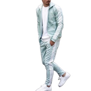Manufacturer Wholesale Custom <b>Plain</b> Gym <b>Tracksuit</b> With Side Stripes 100% Cotton Mens Casual Light Green Sport Suit - Product Image 1