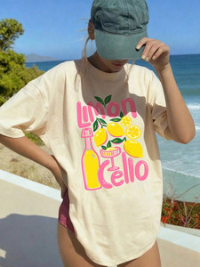 Camiseta de cuello redondo con estampado Limoncello para mujer, manga corta, corte holgado, 100% algodón, jersey, top informal de verano - Product Image 4