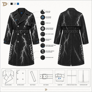 Abrigo largo de mezclilla extragrande Lightning Wash para hombre, estilo gabardina, doble botonadura, negro, streetwear, con cinturón - Product Image 6