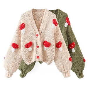 Cárdigan de punto para mujer con apliques de setas, cuello en V, manga farol, suéter informal de otoño - Product Image 2