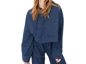 Custom LOGO OEM Winter Solid Oversized Women Hooded Tracksuit Set <b>Long</b> <b>Sleeve</b> <b>Crop</b> <b>Top</b> Wide Leg Pants Casual Two Piece Outfit - Product Image 4