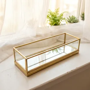Brass Framed Glass Storage Tray Rectangle Minimalist Design Single Tier Mirror Base Bathroom <b>Vanity</b> <b>Table</b> Organizer Jewelry - Product Image 1