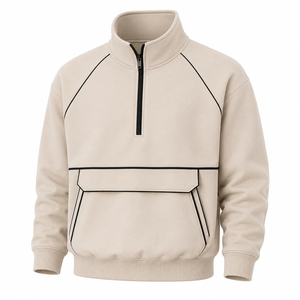 Unisex Beige Solid Half-<b>Zip</b> Full Sleeve Lightweight Breathable Fleece Tracksuit Set Side Pockets Drawstring Closure Casual - Product Image 4