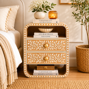 Decorative Resin Bone Inlay Nightstand With Drawers & <b>Shelf</b> Chic Cabinet <b>Bedside</b> End Table For Bedroom Hotel Premium Home Decor - Product Image 1