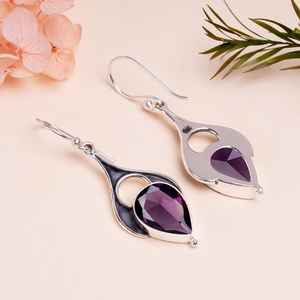Amethyst Drop Earrings 925 Sterling Silver Dangle Pear Gemstone Women Luxury Handmade Jewelry Gift - Product Image 2
