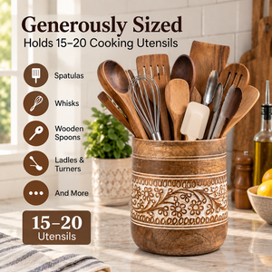 Large <b>Kitchen</b> <b>Utensil</b> <b>Holder</b> Mango Wood Farmhouse Hand Carved <b>Utensils</b> Crock Spatula Organizer Custom Wholesale Handmade - Product Image 4